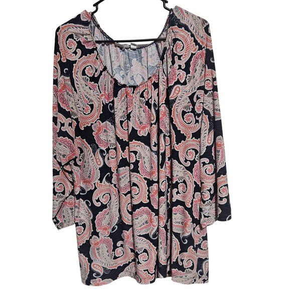 Croft & Barrow Paisley Print Blouse Womens Size 3X Retro Pink Top Long Sleeve - Picture 1 of 5
